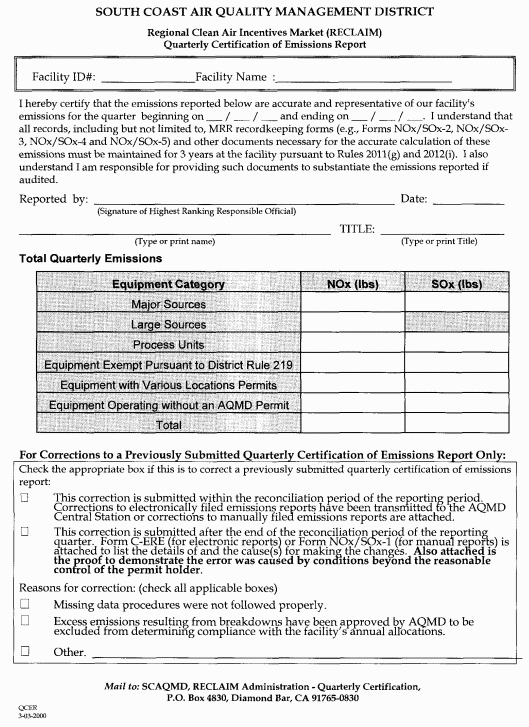 Attachment C- Quarterly Certification of Emissions Report